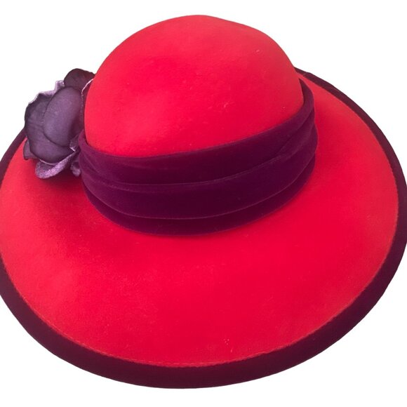 RARE SCALA Red Society Hat Velvet Purple Flower 100% Wool New Dorfman Pacific Co - Picture 2 of 5